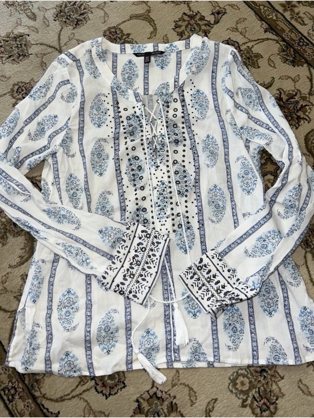 Victoria's Secret White & Light Blue Printed Lace-Up Peasant Tunic